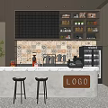 Modern Cafe Interior Design With Counter Stools Coffee Machine And Patterned Wall 3d model