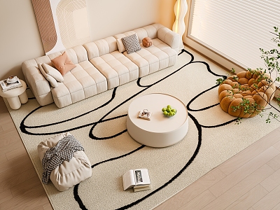 Modern Cream Style Sofa Coffee Table Combination Multi-person Sofa Leisure Sofa Hanging Picture Floor Lamp model