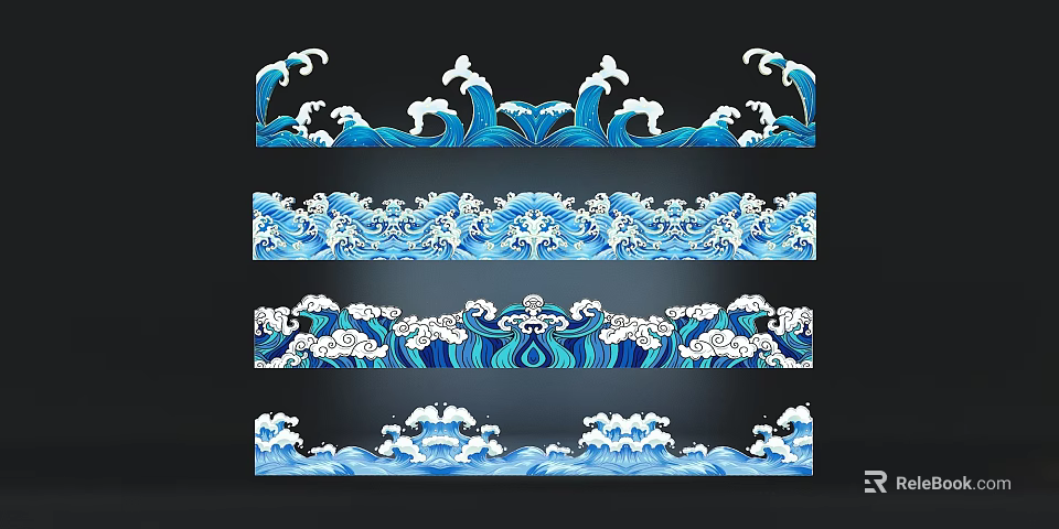Blue And White Wavy Pattern Wall Decor With Various Wave Designs 3d model 