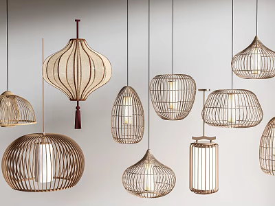 Different Stylish Pendant Lights With Wooden And Metal Frames In Cage And Round Shapes 3d model