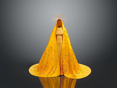 Woman In Yellow Sequined Robe With Head Decoration Against Gray Background With Reflective Floor 3d model