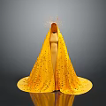 Woman In Yellow Sequined Robe With Head Decoration Against Gray Background With Reflective Floor