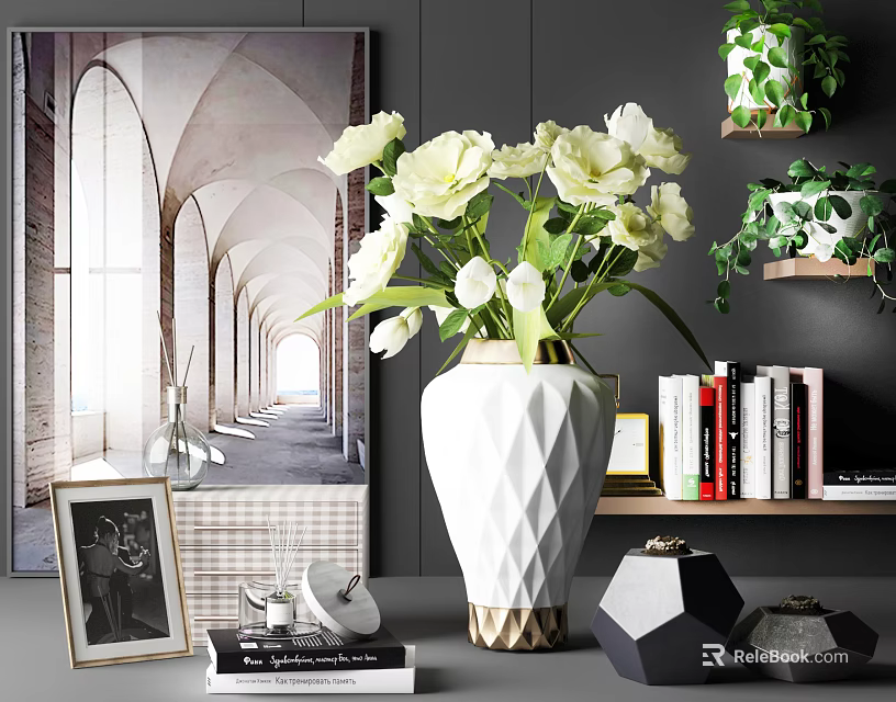 Decorative Ornament Set With White Flower Vase Geometric Decor Photo Frame And Books 3d model 