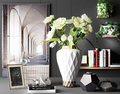 Decorative Ornament Set With White Flower Vase Geometric Decor Photo Frame And Books 3d model