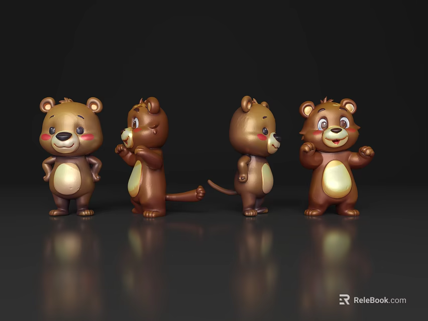Cute Brown Reptile Figurines In Different Poses On Black Background With Reflection 3d model 