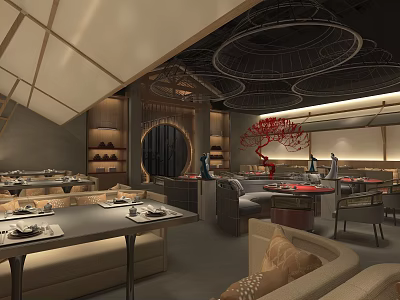 Modern Restaurant Interior With Unique Pendant Lights Round Window And Red Decorative Tree 3d model