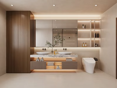 Hotel Bathroom Sleek Modern Interior With Double Vanity Large Mirror Open Shelves And Toilet 3d model