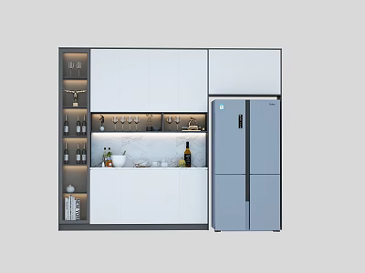 Modern Kitchen Wine Cabinet With White Cabinets Marble Countertop And Glass Shelves 3d model