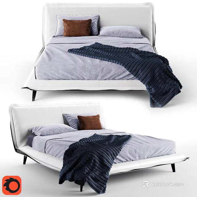 Modern Double Bed With White Frame Gray Sheets Dark Blanket And Pillows 3d model