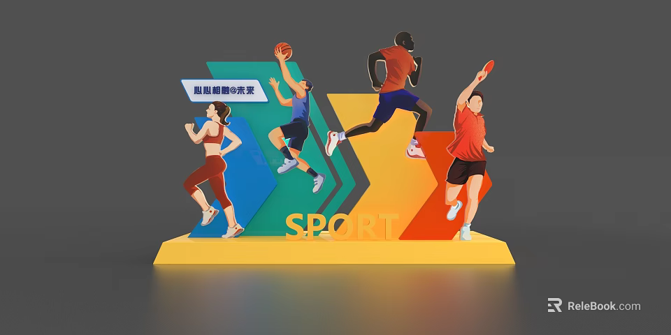 National Fitness Campaign Promotion With Sport Figures In Various Sports Activities And SPORT Text 3d model 