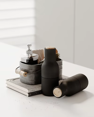 Modern Decorative Ornament Set With Black Bottles Wooden Lids And Metal Bucket On Books 3d model