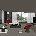 Modern Living Room Interior With Large Windows Sofa Coffee Table Red Chair And Fireplace