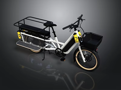 Yellow Battery Pack White Frame Electric Cargo Bicycle With Front Basket And Rear Rack 3d model