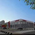 Modern Industrial Factory Building With Glass Curtain Walls Red White Facades And Urban Surroundings