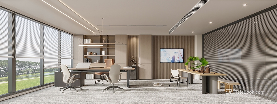 Modern Office Interior With Desks Chairs Bookshelves Wooden Walls TV Screen And Plants 3d model 