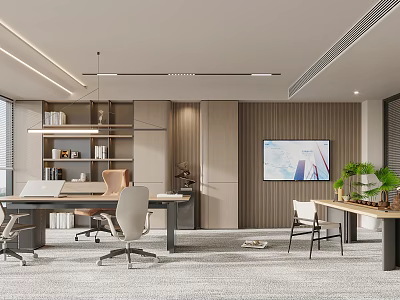Modern Office Interior With Desks Chairs Bookshelves Wooden Walls TV Screen And Plants 3d model