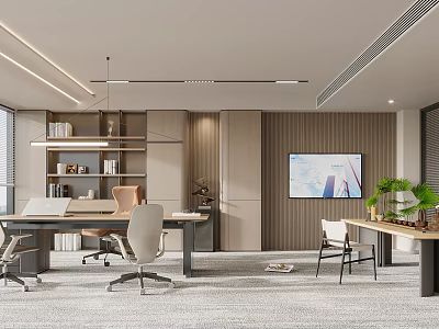 Modern Office Interior With Desks Chairs Bookshelves Wooden Walls TV Screen And Plants 3d model