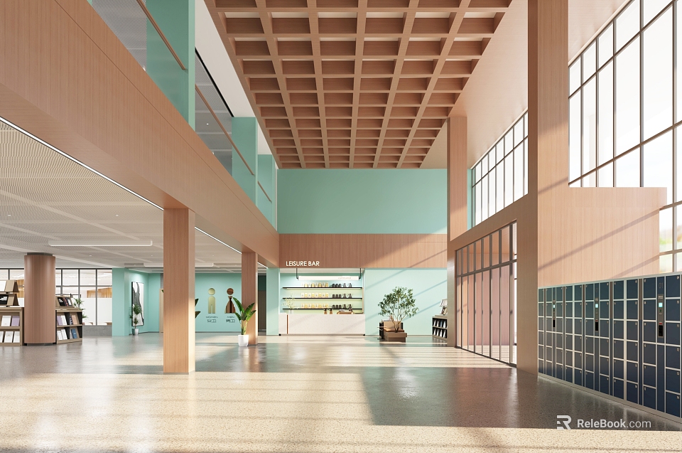 Book Art Gallery Interior with Wooden Ceiling Large Windows Light Green Walls and Plants 3d model 