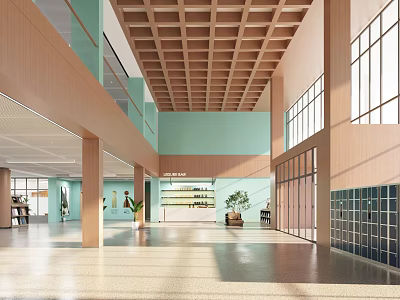 Book Art Gallery Interior with Wooden Ceiling Large Windows Light Green Walls and Plants 3d model