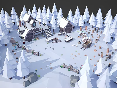 Cartoon Snowy Scene With Low Poly White Pine Trees Log Cabins Carriage Fences And Stones 3d model