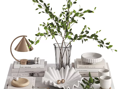 Decorative Ornament Combination With Green Plant Table Lamp Books Vase And Plates 3d model