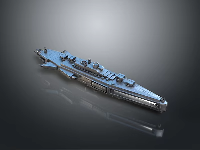 Detailed Blue Warship Model With Deck Structures On Dark Reflective Surface 3d model