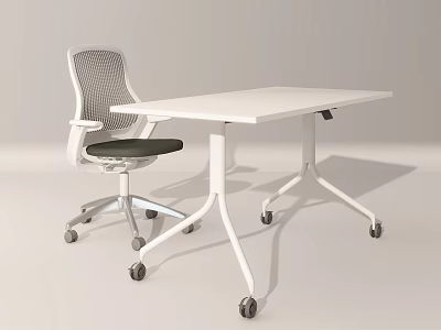 White Office Desk With Sleek Design Mesh Back Chair And Rolling Wheels 3d model