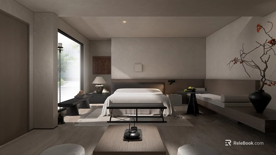 Minimalist Japanese Luxury Hotel Room with Large Bed Wooden Furniture Floor-to-Ceiling Window and Zen Ambiance 3d model 