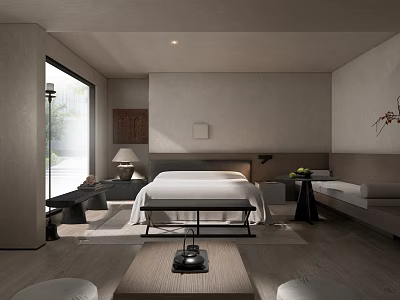 Minimalist Japanese Luxury Hotel Room with Large Bed Wooden Furniture Floor-to-Ceiling Window and Zen Ambiance 3d model