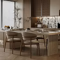 Modern Restaurant Open Kitchen Design With Island Dining Chairs Patterned Backsplash And Blinds 3d model