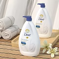 Dove Nourishing Body Wash With Rolled Towels On Wooden Tray And Flowers