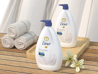 Dove Nourishing Body Wash With Rolled Towels On Wooden Tray And Flowers 3d model