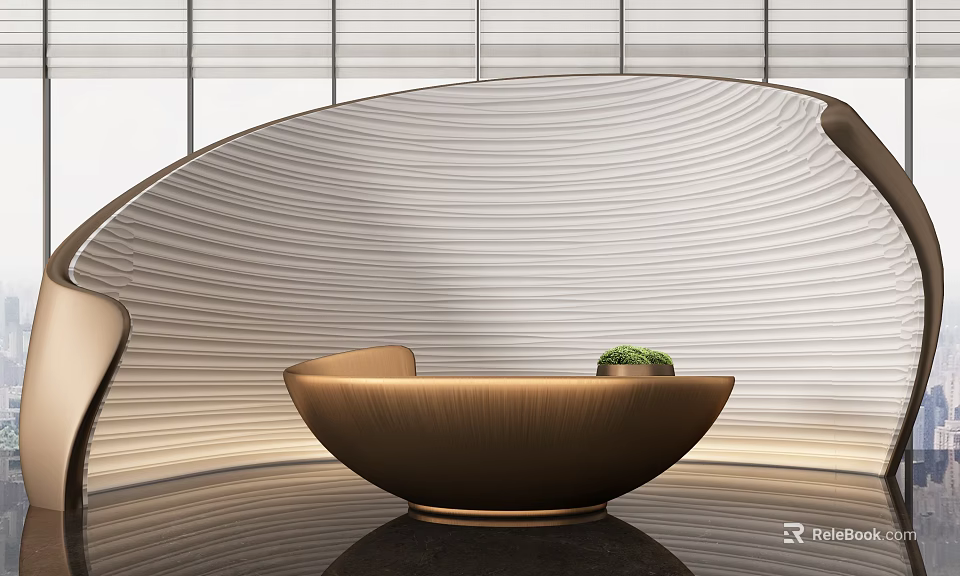 Modern Reception Desk Interior Design With Curved Brushed Metal And Potted Plant 3d model 