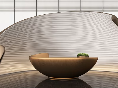 Modern Reception Desk Interior Design With Curved Brushed Metal And Potted Plant 3d model