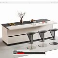 Modern Bar Counter With White Black Countertop Three Metal Stools And Decorative Vase Fruits