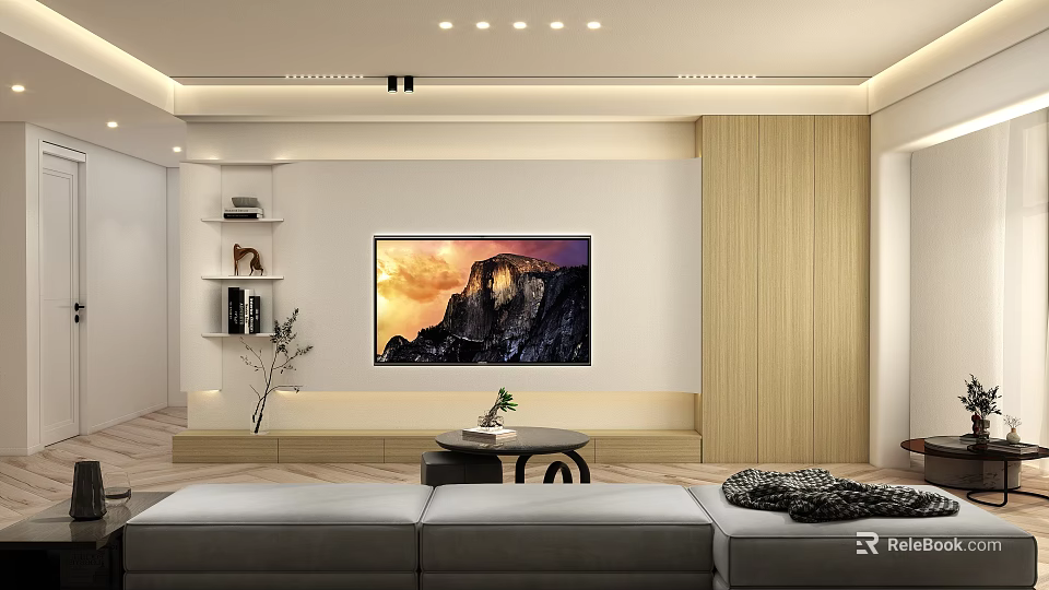 Modern Living Room Interior Design With TV Wooden Backdrop And Gray Sofa 3d model 