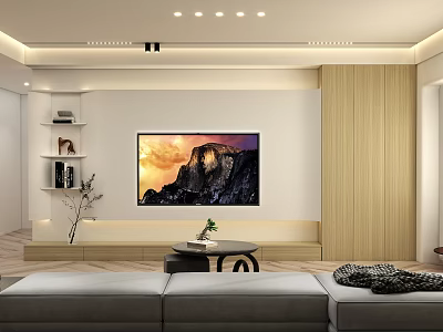 Modern Living Room Interior Design With TV Wooden Backdrop And Gray Sofa 3d model