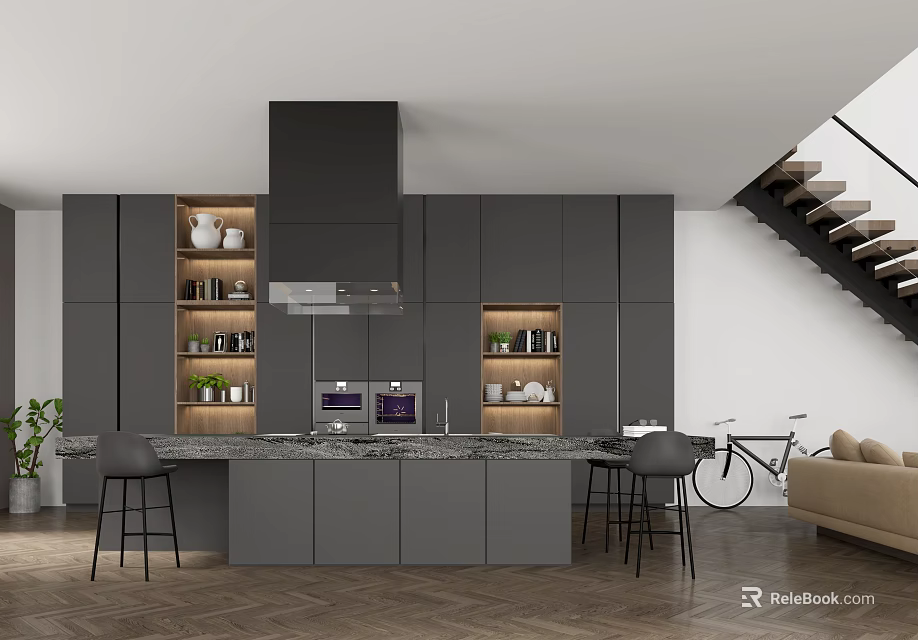 Modern Open Concept Kitchen With Grey Cabinets Island Range Hood And Bar Stools 3d model