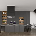 Modern Open Concept Kitchen With Grey Cabinets Island Range Hood And Bar Stools 3d model