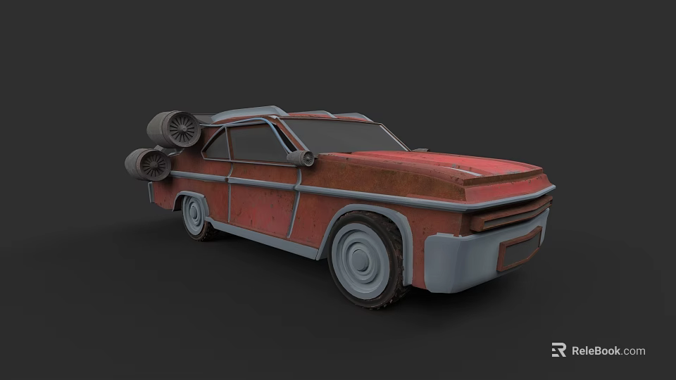 Rusty Old Red Vintage Car With Spare Tires Mounted On Roof 3d model 