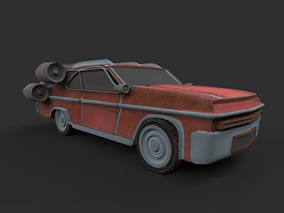 Rusty Old Red Vintage Car With Spare Tires Mounted On Roof 3d model