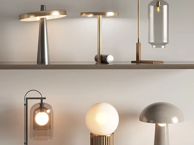 Stylish Modern Table Lamps With Diverse Designs And Different Shapes On Display Shelf 3d model