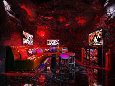 Modern KTV Room Interior With Red Lighting Sofa TV Screens And Bar Counter 3d model