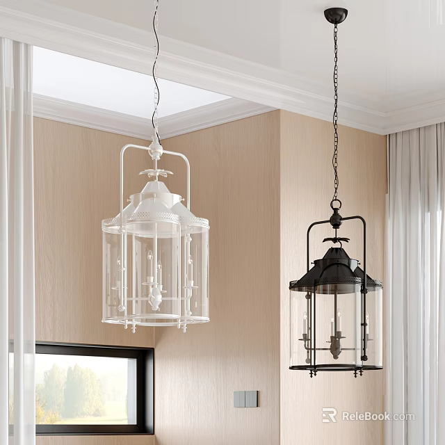 Two Lantern Style White And Black Chandeliers Hanging In Indoor Home Interior 3d model 
