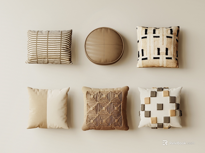 Modern Decorative Throw Pillows In Neutral Beige Brown With Striped Geometric Textured Patterns 3d model 