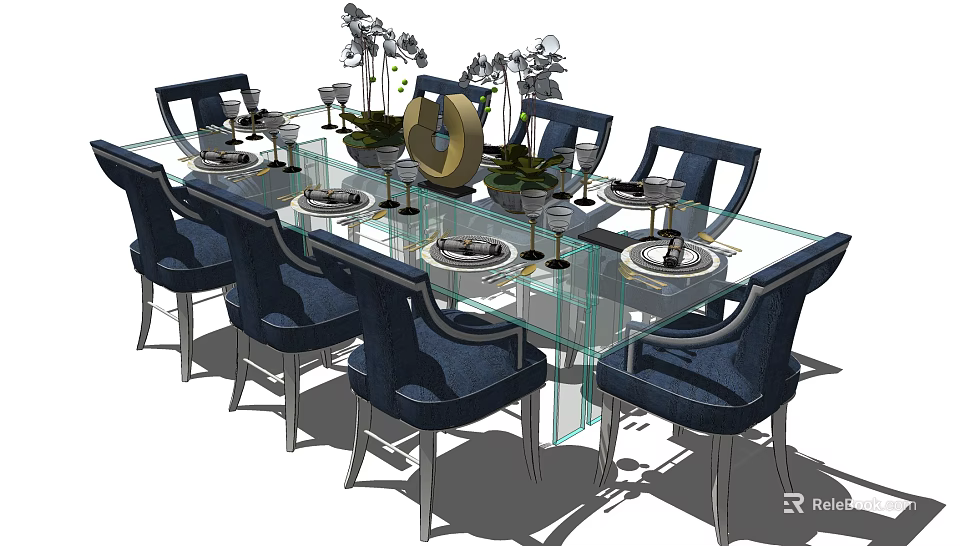 Elegant Glass Top Dining Table Set With Blue Chairs Dinnerware And Decorations 3d model 