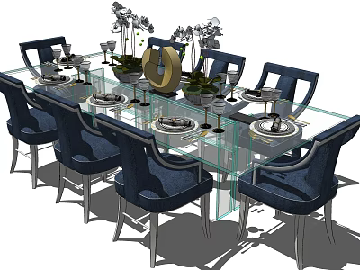Elegant Glass Top Dining Table Set With Blue Chairs Dinnerware And Decorations 3d model