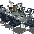 Elegant Glass Top Dining Table Set With Blue Chairs Dinnerware And Decorations 3d model
