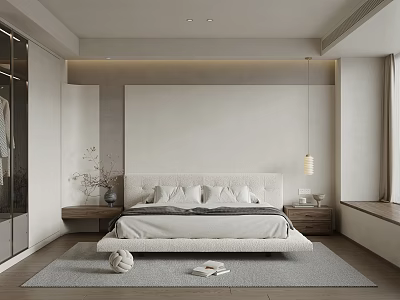 Minimalist Bedroom Interior Design With Platform Bed Nightstands Rug And Pendant Light 3d model