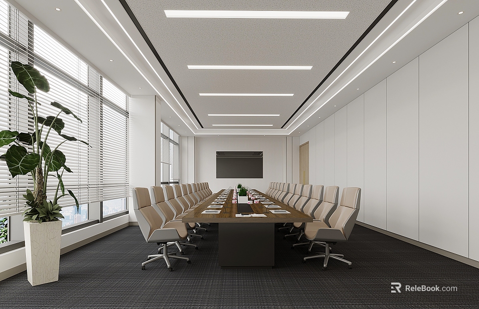 Modern Conference Room with Long Table Light-Colored Chairs Large Windows Green Plant and Bright Lights 3d model 